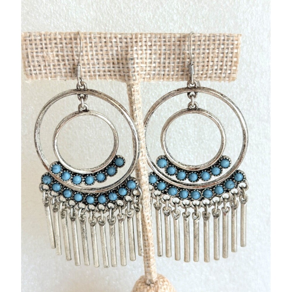 Burnished Silver Tone Faux Turquoise Bead Double Hoop Bar Fringe Earrings Boho